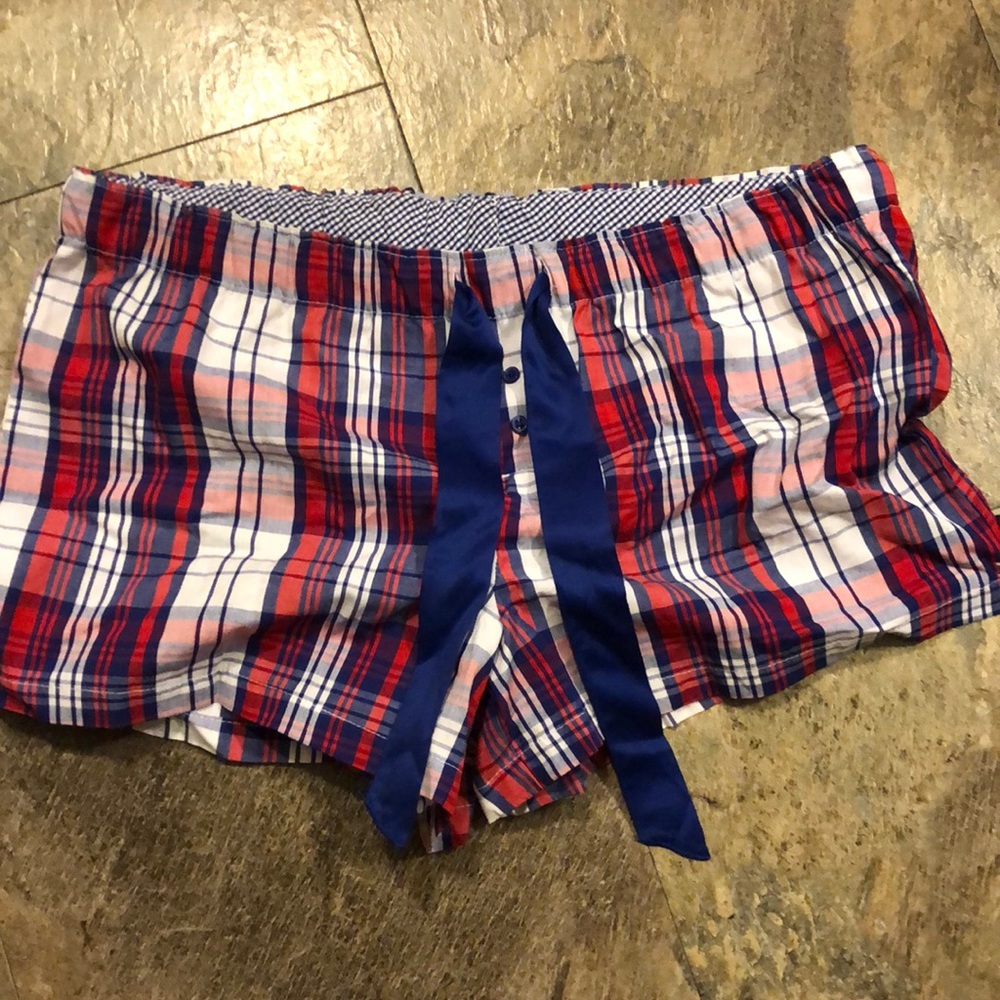 Red, white, and blue plaid shorts